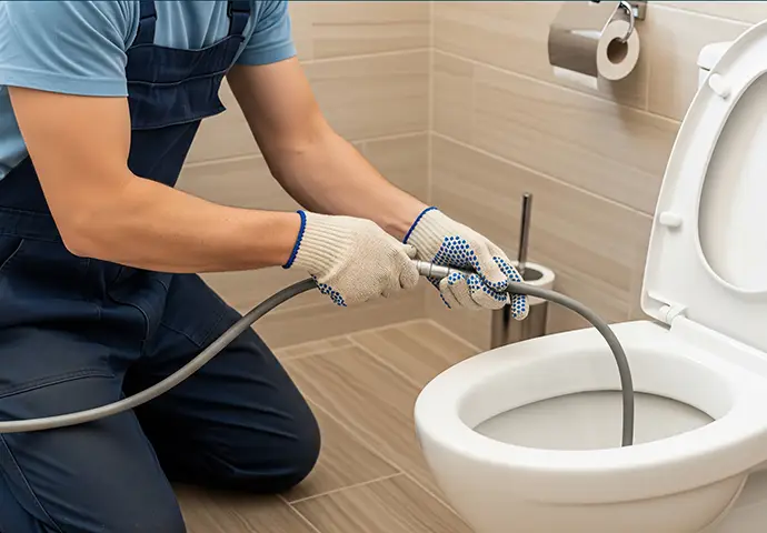 plumber working on cleaning a toilet drain in belleville il