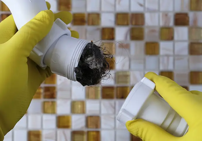 Hands in yellow gloves disassemble and clean the drain under the sink
