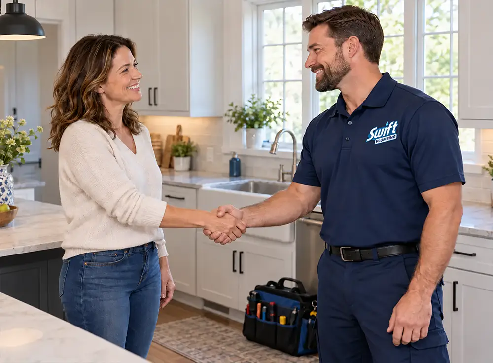 AI image of Homeowner shaking hands with Swift Plumbing plumber