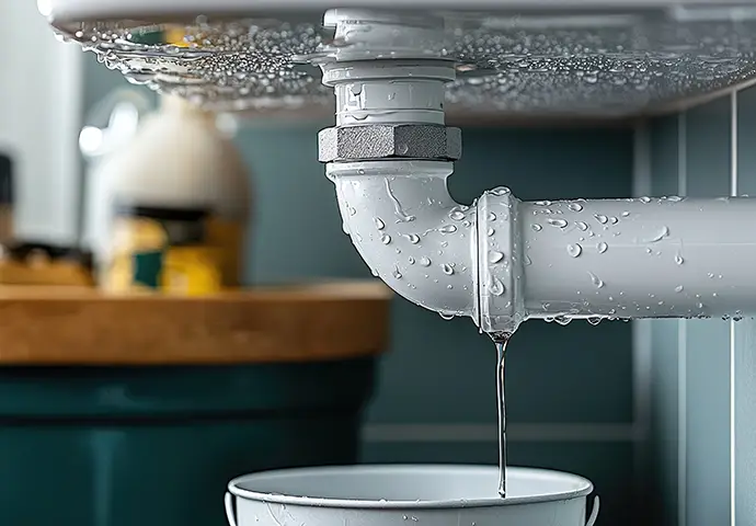 Leaking Pipe Under Sink with Water Dripping into Bucket in Home Bathroom or Kitchen Interior
