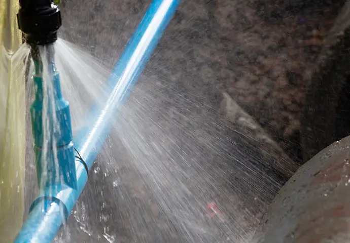 Water pipe break. Exposing a burst water main, focused on the spraying water and the pipe.