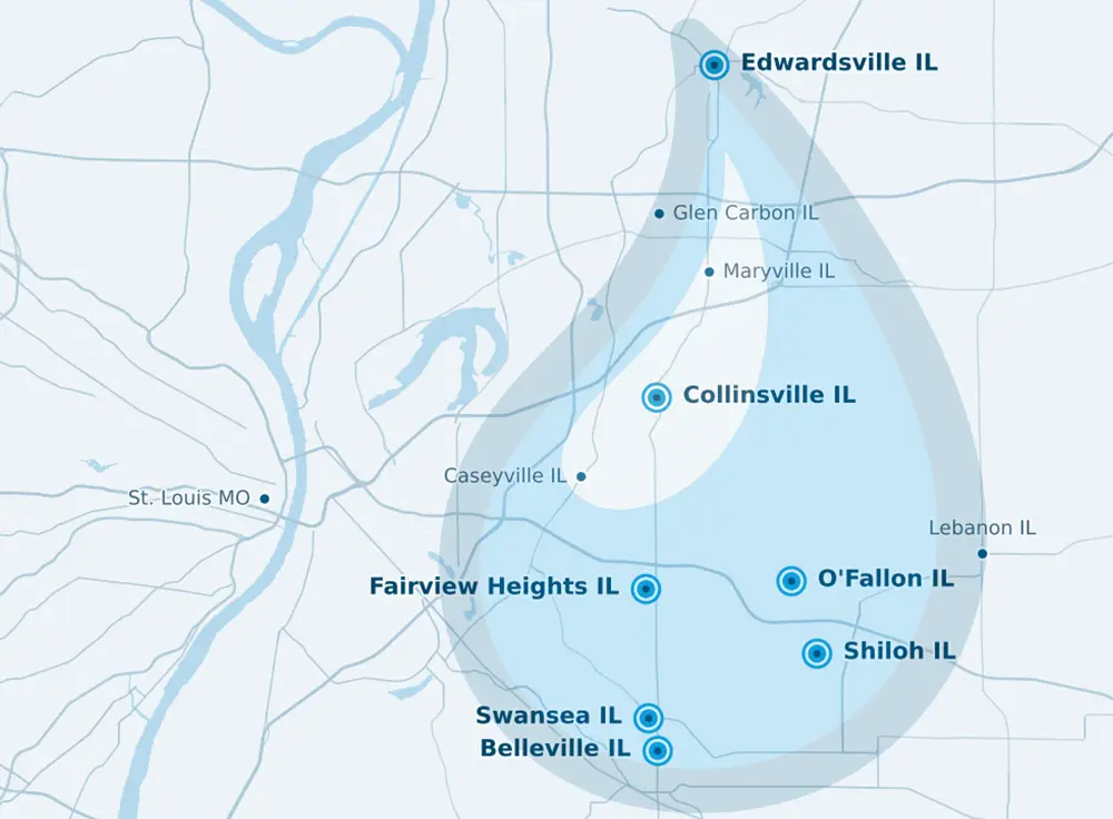 Service area map for The Swift Plumbing Company serving the Metro East
