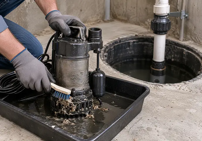 Technician cleaning clogged debris from a removed sump pump intake screen beside a basement drainage pit showing repair maintenance blockage removal and flood prevention service workflow