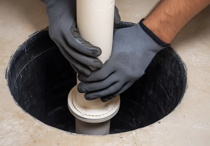 Technician installing sump pump discharge pipe into basement pit, plumber hand with glove guiding pipe for pump and drain connection, symbolizing sump pump installation and pipe service
