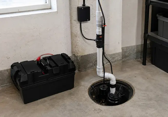 battery-backed sump pump installation in a clean basement utility room