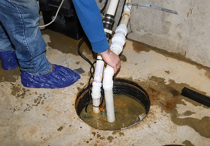plumber repairing a sump pump in a flooded basement in a residential home