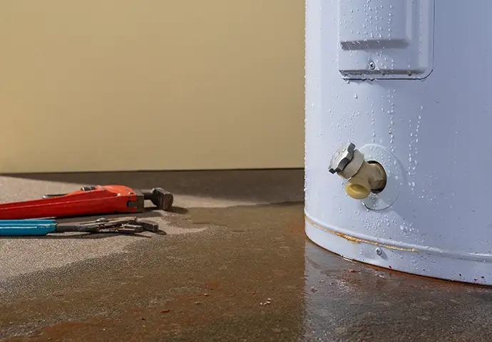 Water leaking from a residential electric water heater with a couple plumbers tools