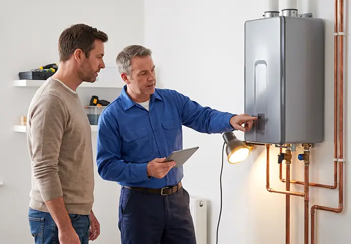 Plumber explaining tankless water heater inspection to homeowner