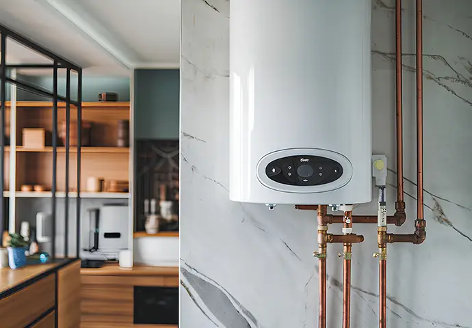modern white tankless water heater connected to the main water and plumbing system