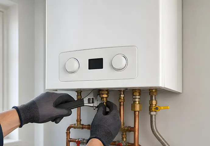 Professional Tankless Water Heater Repair Technician Using Adjustable Pipe Wrench During gas Water Heater Installation Residential Plumbing Service Maintenance Repair Modern Home Utility Room