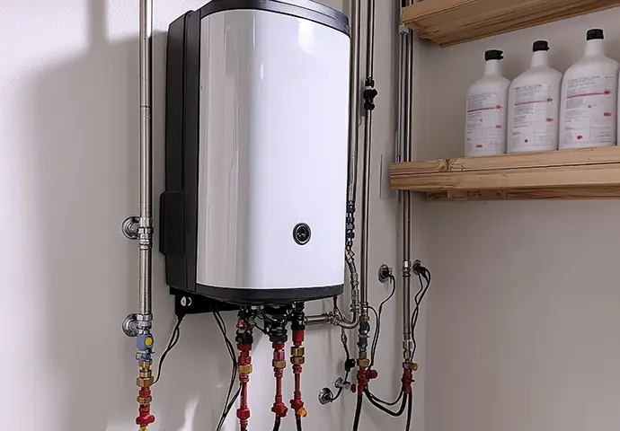 Modern tankless water heater installation in a utility room with organized storage