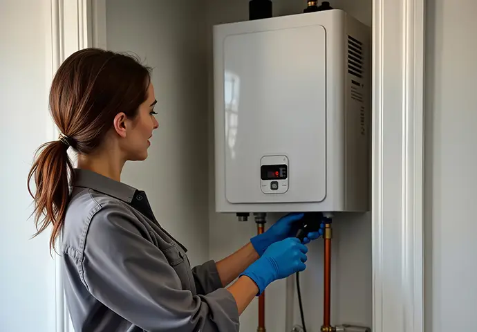 Female technician in blue gloves servicing wall-mounted tankless water heater unit in residential utility room