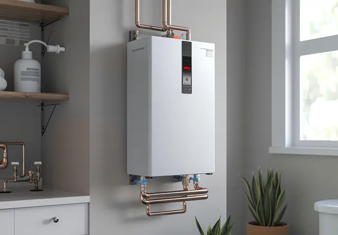 Modern tankless water heater installed in a bright, clean utility room
