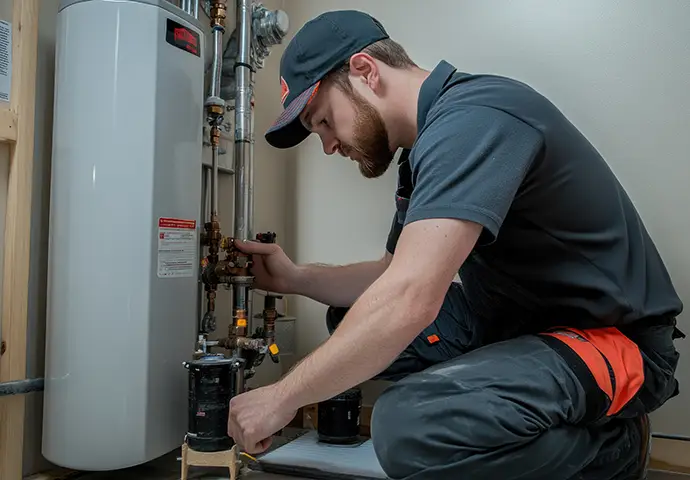 Plumber installing or repairing water heater system