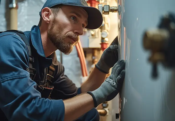 Plumbing technician inspecting a water heater and its connections.