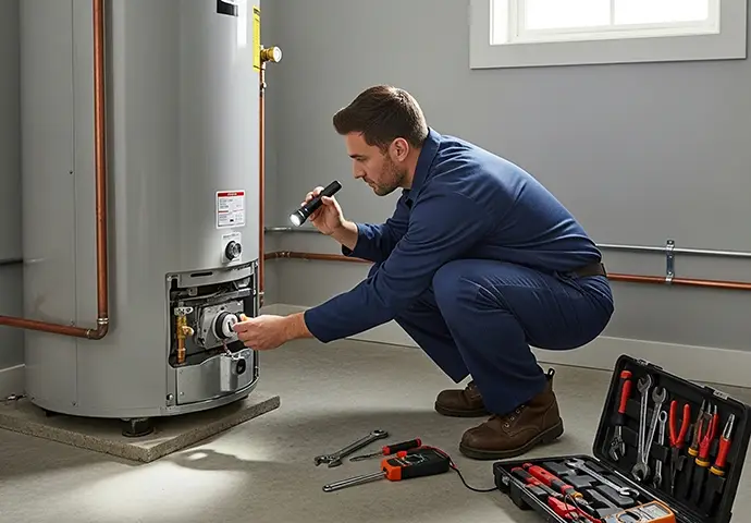 Professional Plumber Technician Inspecting and Maintaining a Residential Water Heater in a Utility Room